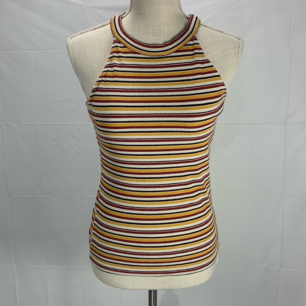 1. State Striped Yellow Halter Style Neck Ribbed Tank Top Size Medium